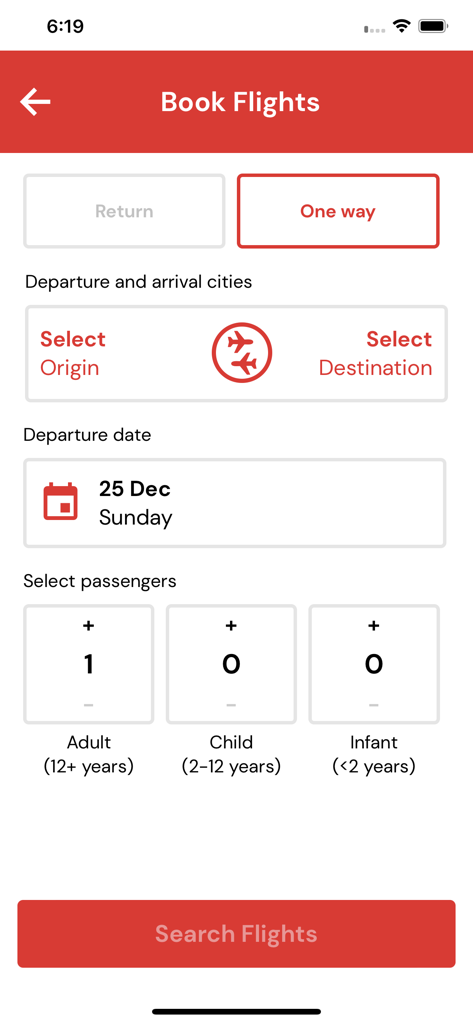 Mobile app interface for searching one way flights on Thai Lion Air showing destination and passenger options