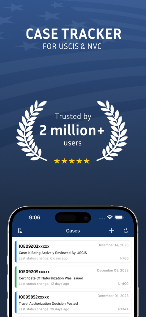 Case Tracker mobile app interface showing immigration case status updates and user trust badge