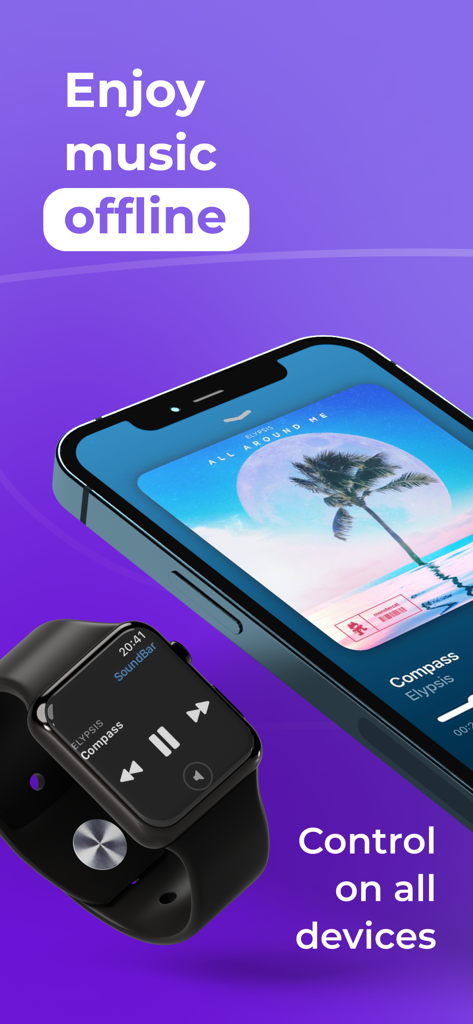 Interfaz del reproductor de audio SoundBar en iPhone y Apple Watch mostrando reproducción de música offline y control de dispositivos