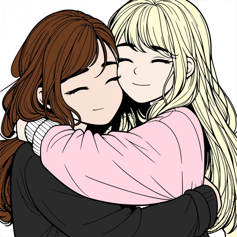 realistic two girls hugging