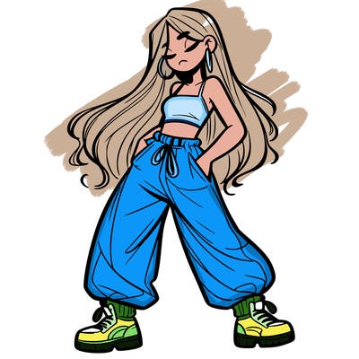 girl in baggy pants crop top and long hair