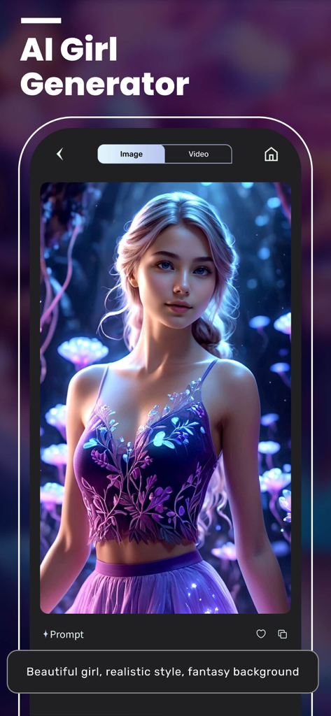 Retrato realista generado por IA de una chica con pelo morado en un bosque de fantasía mágico