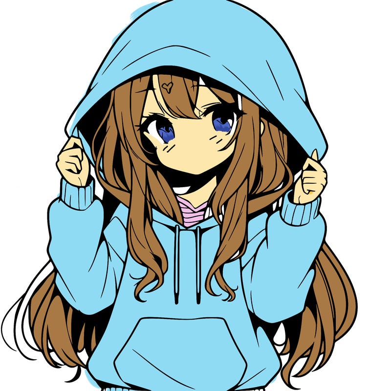an anime girl with long hair and in a big hoodie