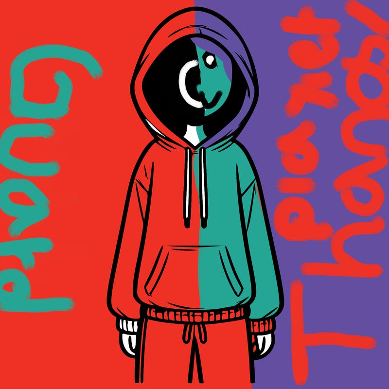 faceless girl in a tracksuit with a hood on and no hair