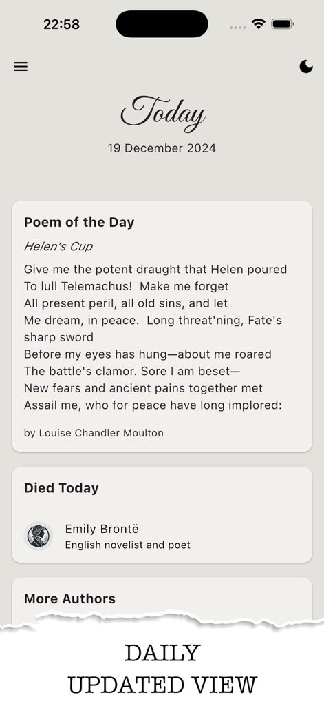 English Poetry Collection - Interface of the English Poetry Collection app showing the Poem of the Day and author history features