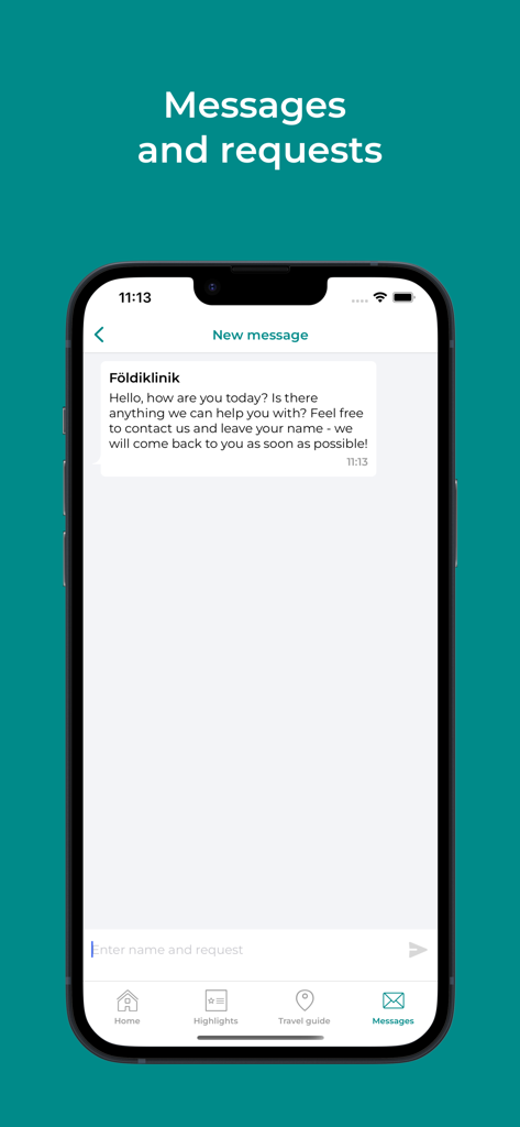 Földiklinik - Direkte Nachrichtenoberfläche in der Földiklinik-App für Patientenanfragen und -wünsche.