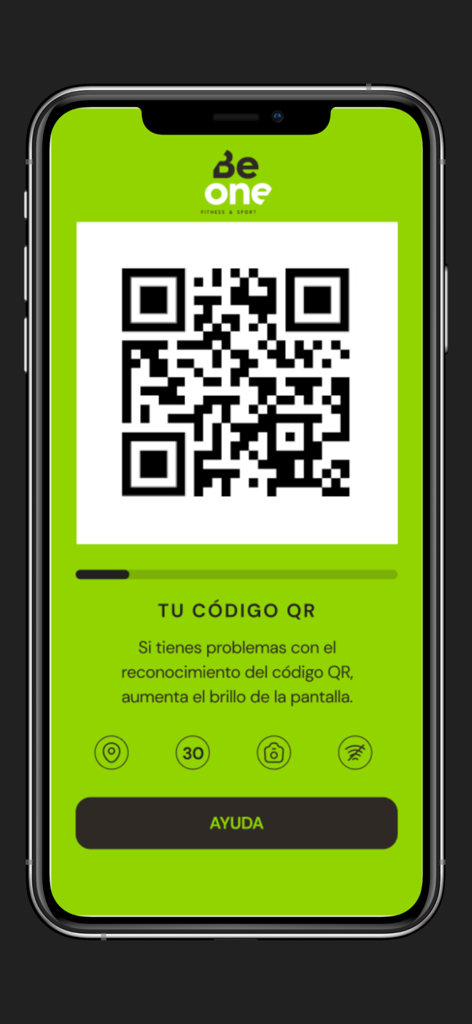 BeOne Pass - BeOne Passアプリ内で、非接触型のジム施設入館のための動的QRコードを表示するスマートフォンの画面。