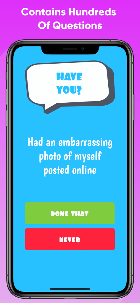 Confessions - Fun Party Game - A mobile screen showing a confession question about embarrassing photos with done that and never voting buttons