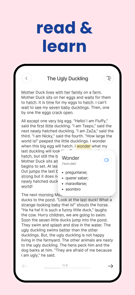 단어 즉석 번역 및 발음 팝업이 있는 영어 이야기를 보여주는 Lingo Joy 앱 인터페이스.