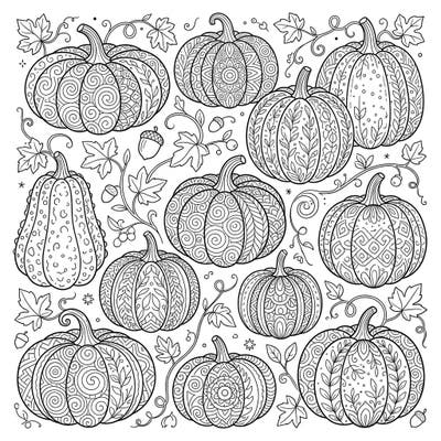 Immerse yourself in the beauty of autumn with this stunning adult coloring page featuring an array of unique heirloom pumpkins. Each pumpkin is adorned with intricate patterns, offering a wonderfully detailed and relaxing creative challenge.
