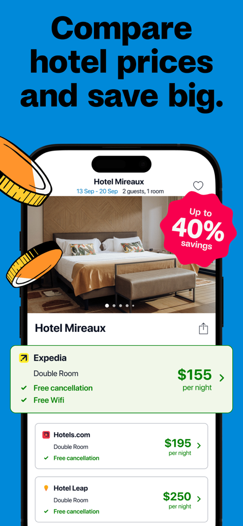 Trivago mobile app displaying a comparison of hotel prices from multiple travel sites including Expedia and Hotels.com