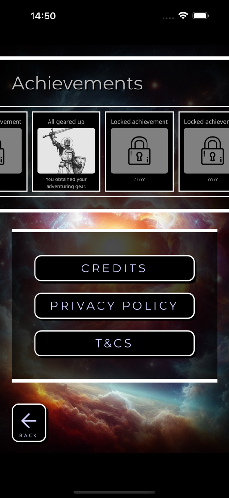 Pantalla del menú de logros y configuraciones en Hero Of Fate RPG
