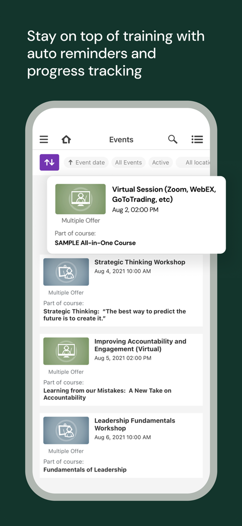 UKG Pro Learning - UKG Pro Learning app displaying a list of scheduled virtual sessions and workshops for employee training