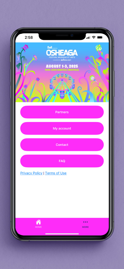 Osheaga 2025 mobile app interface showing menu options like Partners and FAQ with colorful festival branding