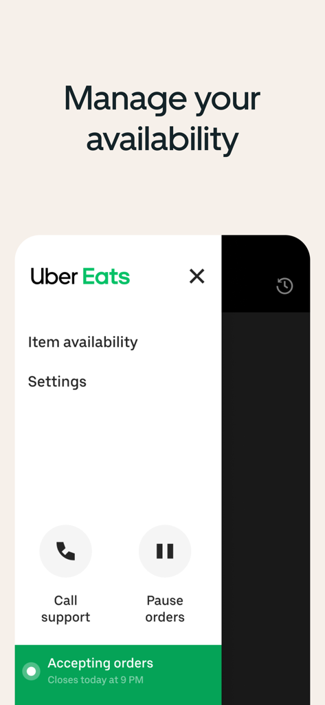 A mobile interface for the Uber Eats Orders app showing a menu to manage restaurant availability with buttons to call support and pause orders.