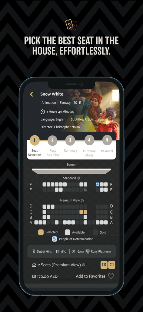ROXY Cinemas UAE - ROXY Cinemas mobile app seat selection screen showing a luxury cinema seating map for movie booking.