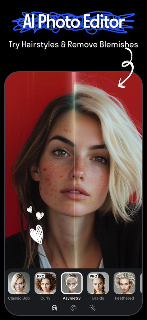 Reface: Face Swap AI Photo App - Split screen showing a before and after transformation with AI hairstyle try-on and skin blemish removal in the Reface app