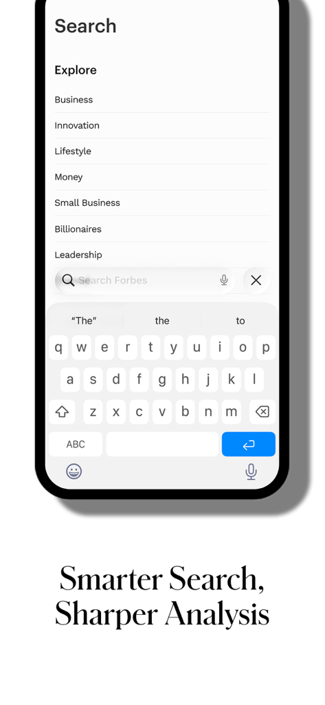 The search interface of the Forbes app featuring explore categories like Business and Billionaires and a smart search bar.