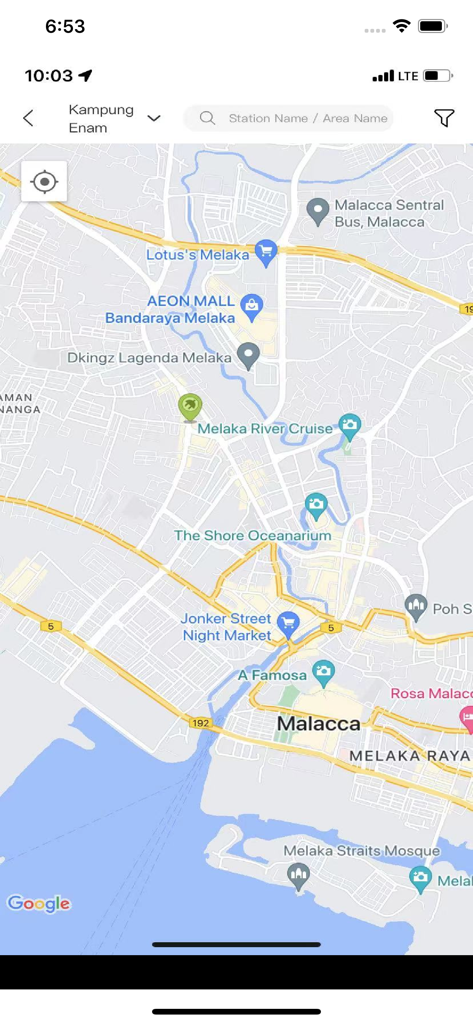E Charge International - Interface do mapa do aplicativo E Charge International mostrando estações de carregamento de VE em Malaca
