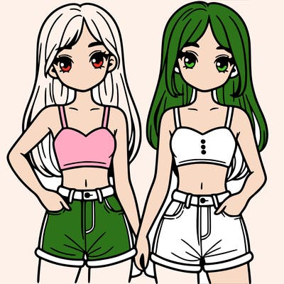 two sisters with crop tops and jean shorts and straight hair