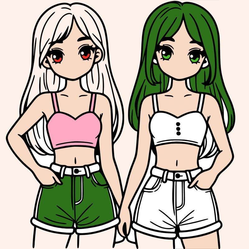 two sisters with crop tops and jean shorts and straight hair