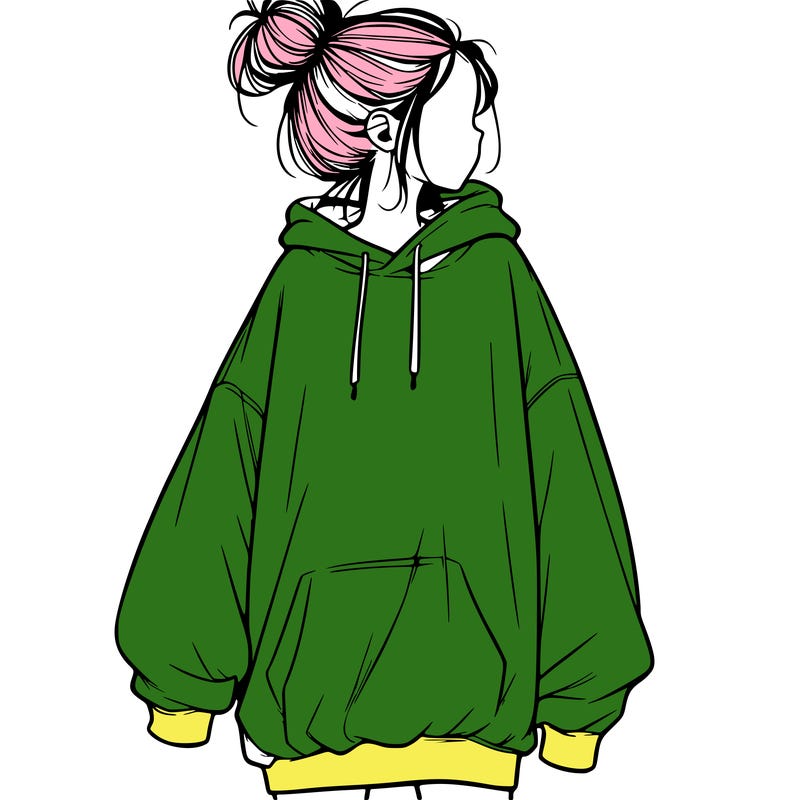 realistic girl with a oversized sweatshirt on and a bun