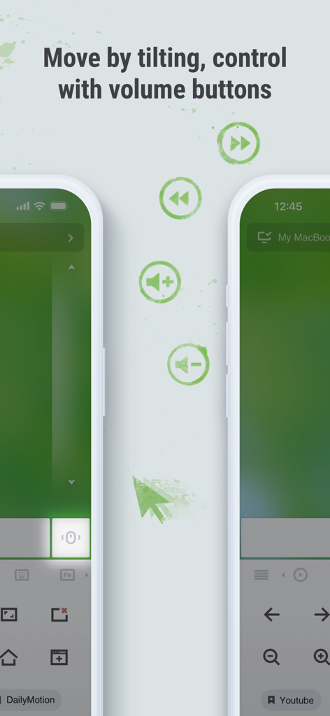 Remote Mouse - Screenshot of Remote Mouse app showing features for controlling a computer by tilting the phone and using physical volume buttons