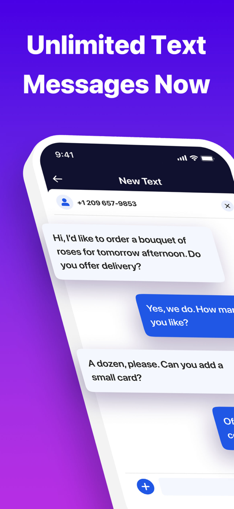 Interfaz de la aplicación Text Go que muestra mensajes de texto ilimitados desde un segundo número de teléfono.