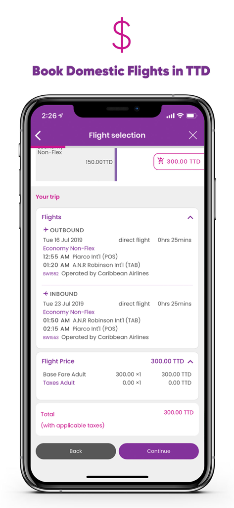 트리니다드 토바고 달러 가격이 표시된 캐리비안 항공 앱 국내선 예약 인터페이스