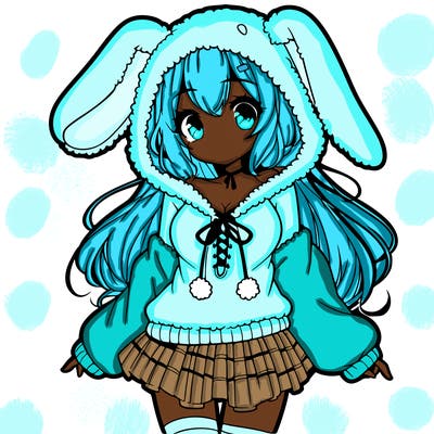 pretty anime girl wearing a fluffy hoodie with bunny ears on the hood and a skirt