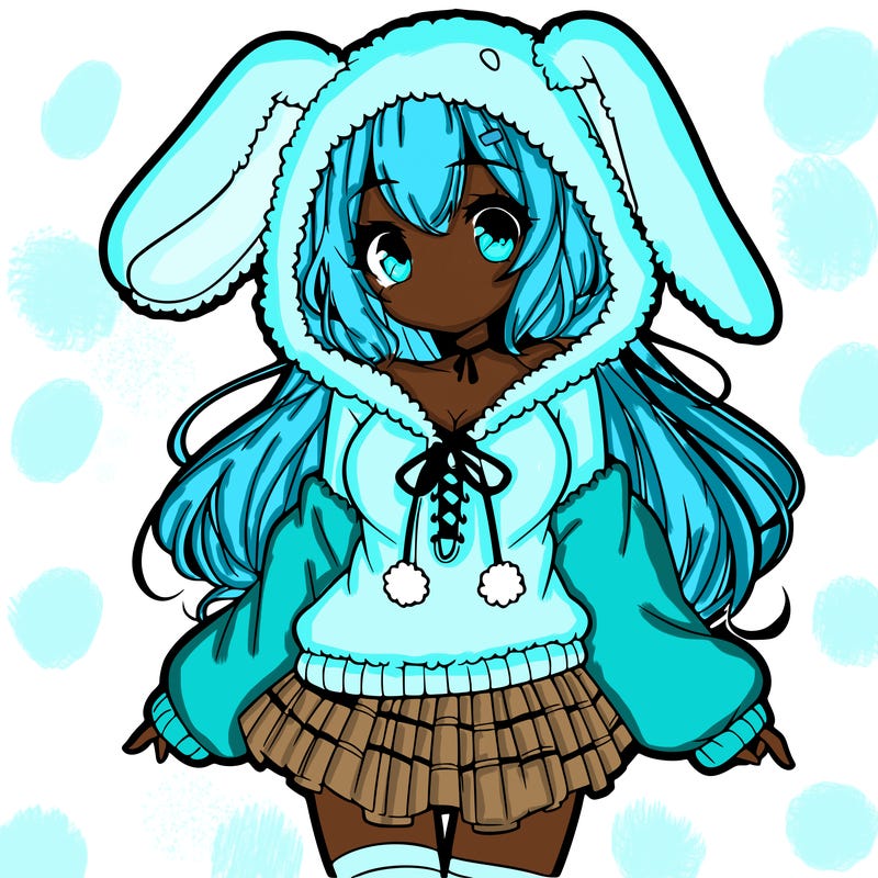 pretty anime girl wearing a fluffy hoodie with bunny ears on the hood and a skirt
