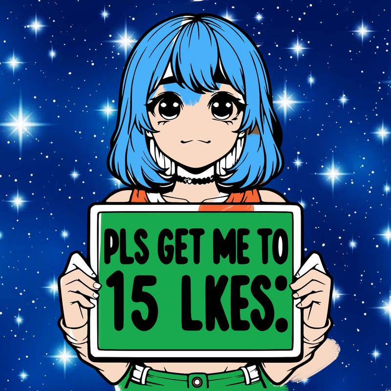 realistic girl holding up a sign that says “pls get me to 15 likes!”