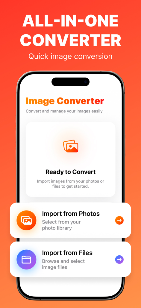 Image Converter: JPEG PDF PNG - All-in-One-Bildkonverter-App, die Optionen zum Importieren aus Fotos und Dateien anzeigt