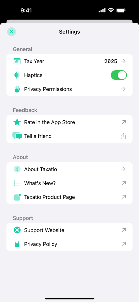 The settings menu of the Taxatio app showing general preferences feedback options and support links