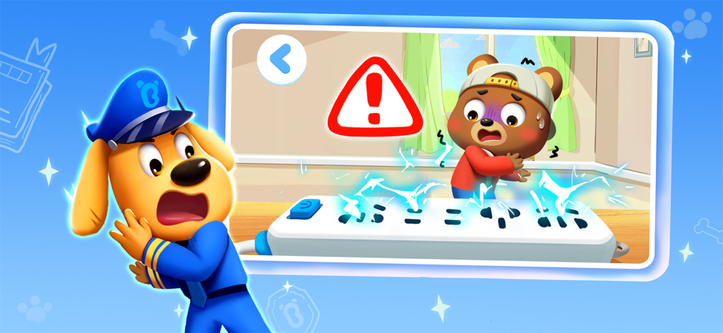 Sheriff Labrador's Safety Tips - El Sheriff Labrador y un personaje oso asustado ilustrando la seguridad de las regletas eléctricas con un letrero de advertencia rojo