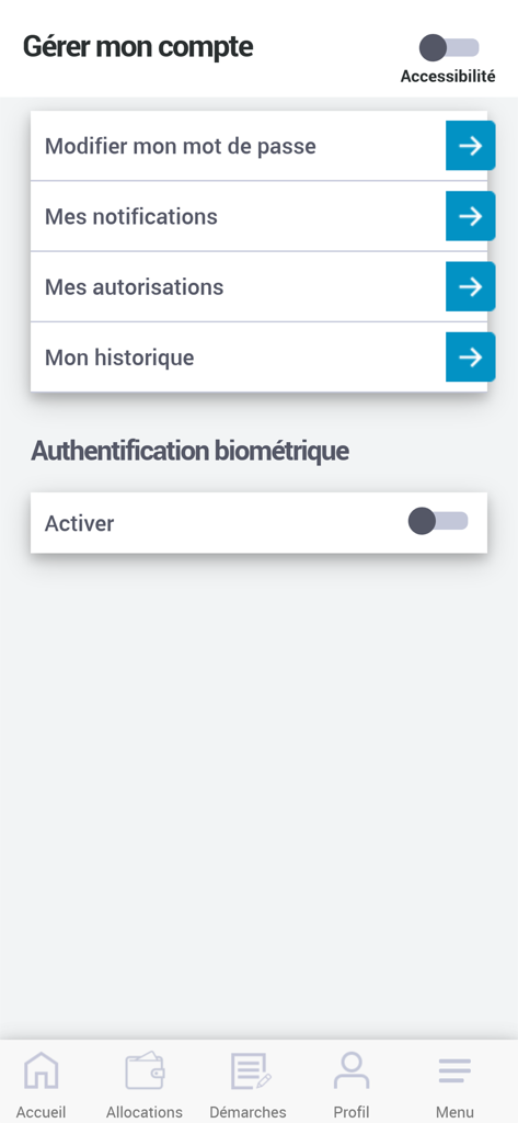 Écran de gestion de compte de l'application Caf, présentant les paramètres de mise à jour du mot de passe, les notifications et l'activation/désactivation de l'authentification biométrique.