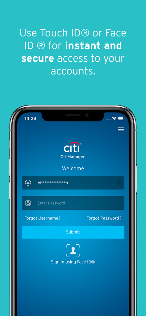 CitiManager – Corporate Cards - Pantalla de inicio de sesión de CitiManager que promueve el acceso seguro a través de Face ID y Touch ID