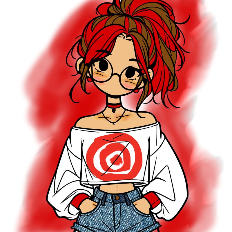 girl with a messy ponytail glasses a baggy crop top and jean shorts