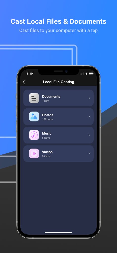 Interfaz de la aplicación AnyMirror para transmitir documentos locales, fotos, música y vídeos a un ordenador