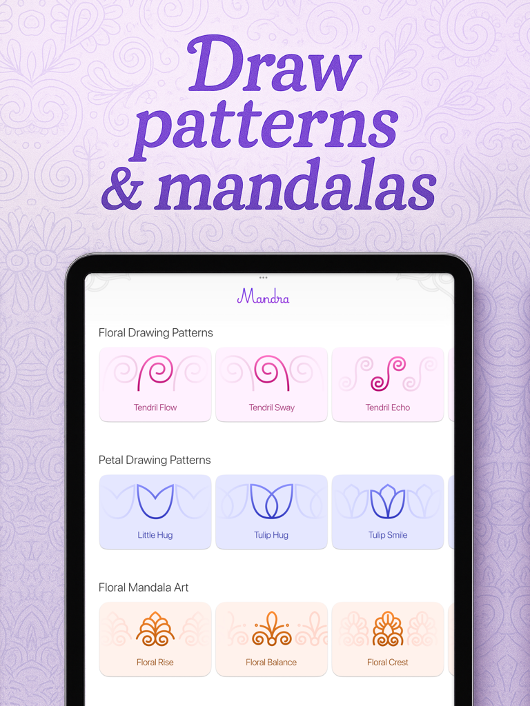 Mandala Art Coloring Patterns - Interface de l'application Mandra sur iPad montrant des modèles de dessins floraux et de pétales