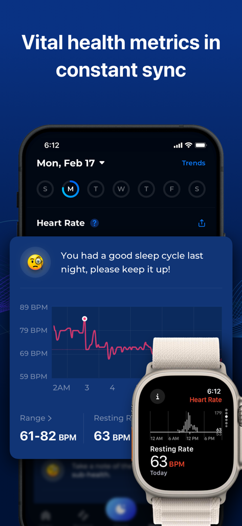 ShutEye®: Sleep Tracker, Sound - ShutEyeアプリインターフェースがiPhoneとApple Watchの間で同期された心拍数データと睡眠サイクルメトリクスを表示。
