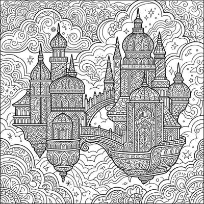 Unleash your creativity with this stunning coloring page featuring magnificent floating palaces rendered in intricate Zentangle style. Explore a world of ornate domes, elaborate bridges, and captivating patterns waiting for your artistic touch.