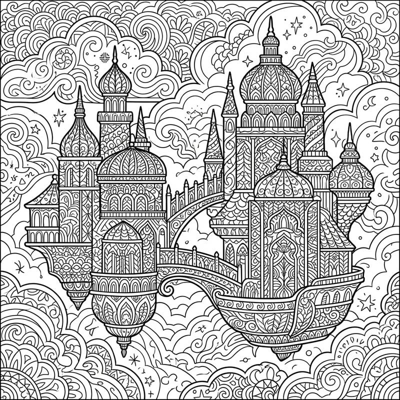 Unleash your creativity with this stunning coloring page featuring magnificent floating palaces rendered in intricate Zentangle style. Explore a world of ornate domes, elaborate bridges, and captivating patterns waiting for your artistic touch.