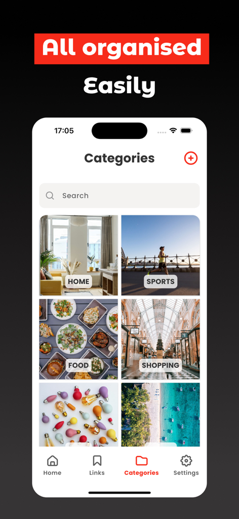 Linki: Save Links & Bookmarks - Linki app categories screen displaying visual folders for Home Sports Food and Shopping
