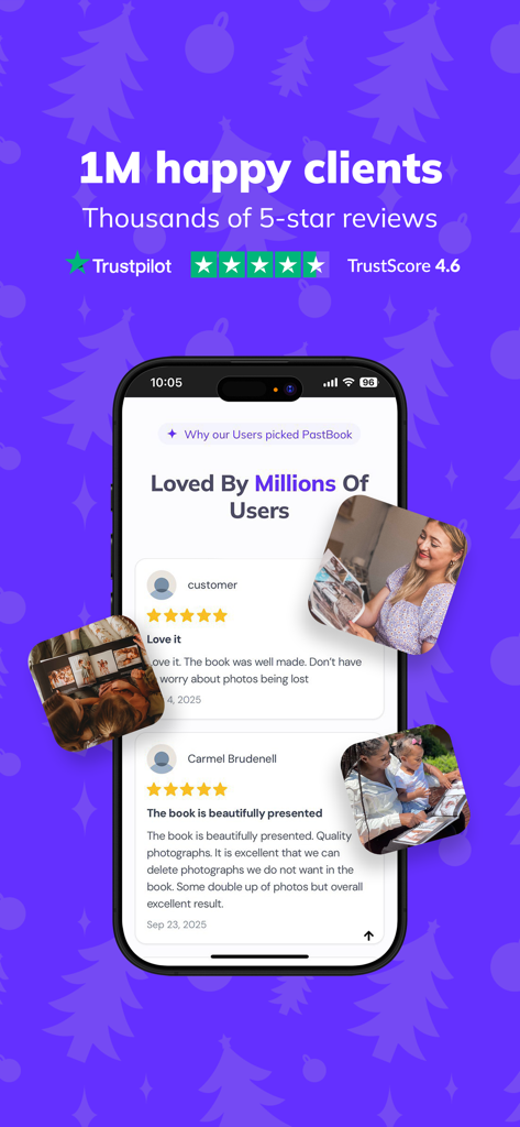 PastBook: 1-Click Photo Book - Smartphone screen showing positive user reviews and high Trustpilot score for the PastBook photo book app