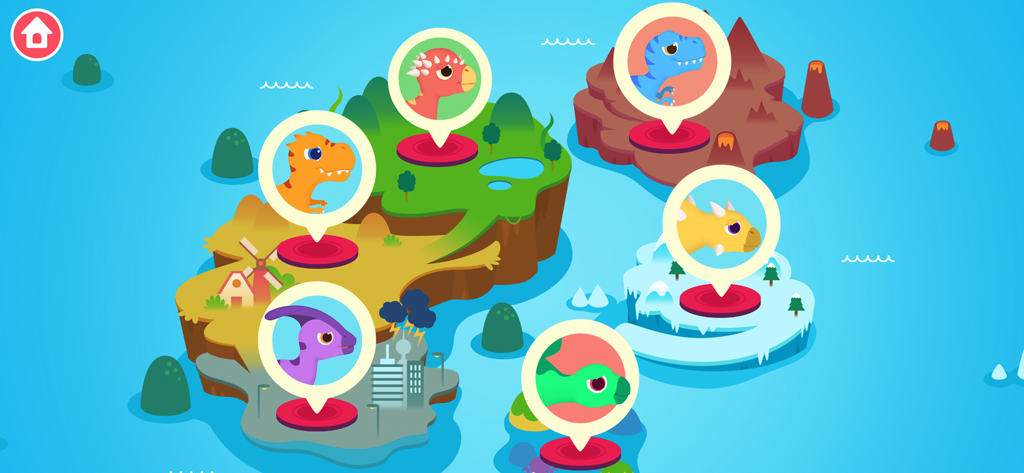 Colorful map screen showing different dinosaur rescue mission levels.