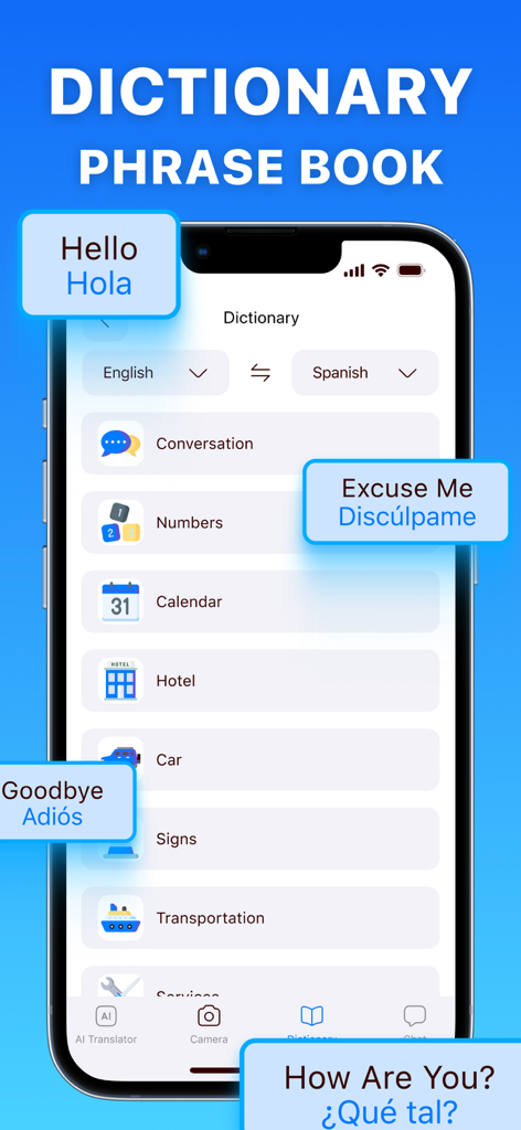 AI Translator・ Voice Translate - AI Translator app phrasebook screen showing travel categories and English to Spanish translations
