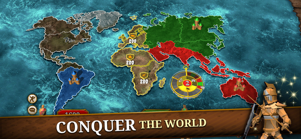 A world map interface in the Triviador app showing territories to conquer with a golden knight character.