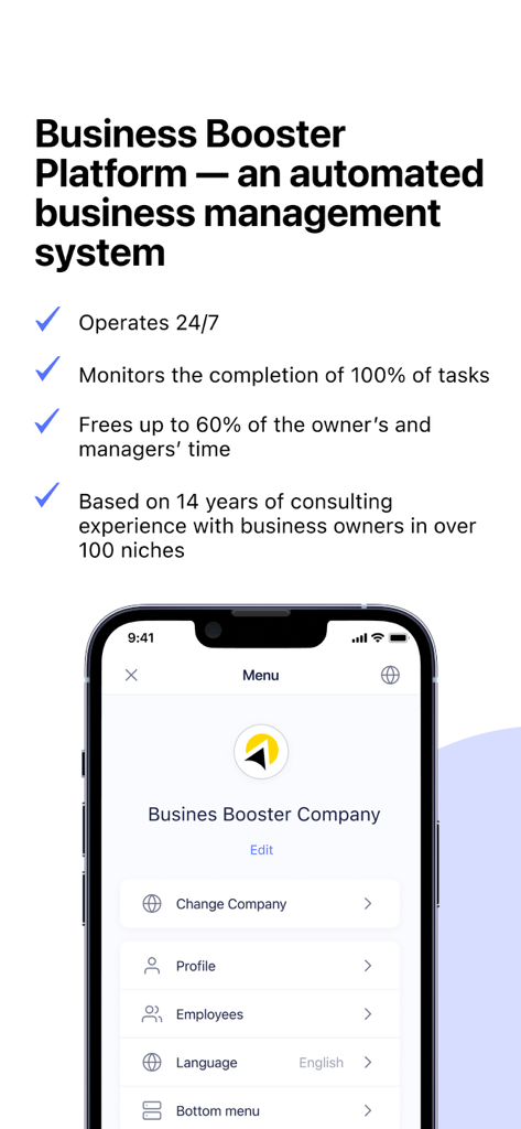 Interfaz de la aplicación de gestión empresarial Business Booster Platform