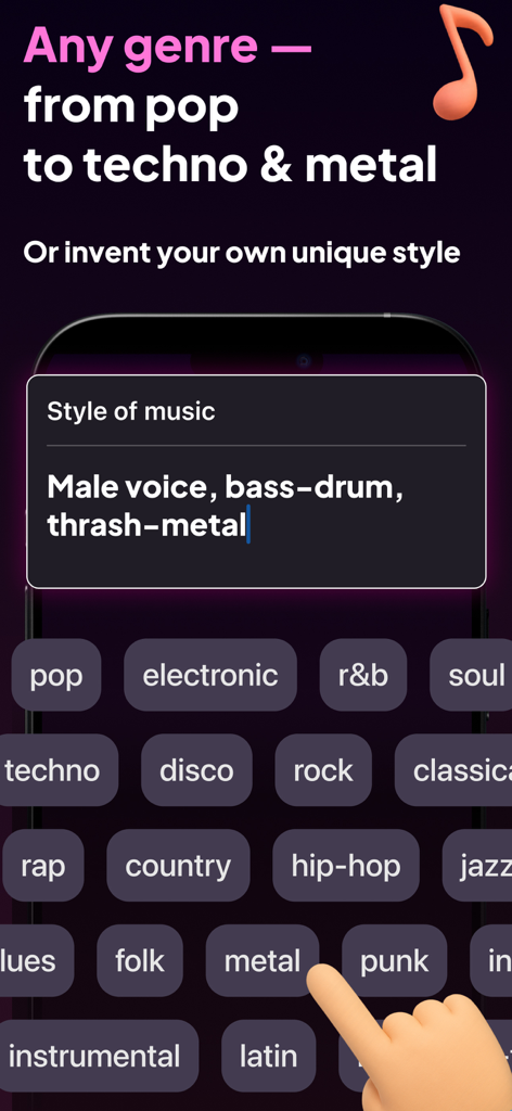 AI Song Music Generator: Songr - Songr app screen for selecting music genres and creating custom styles with AI